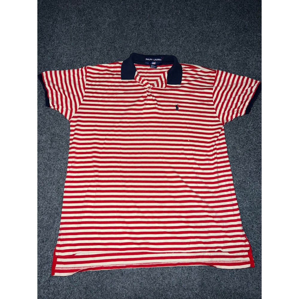 Ralph Lauren Polo Sport Shirt Womens Large Red White Striped Short Sleeve Cotton